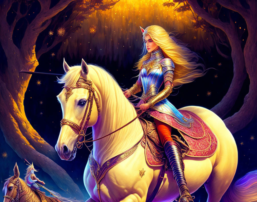 Blonde warrior woman in gleaming armor on white horse in enchanted forest