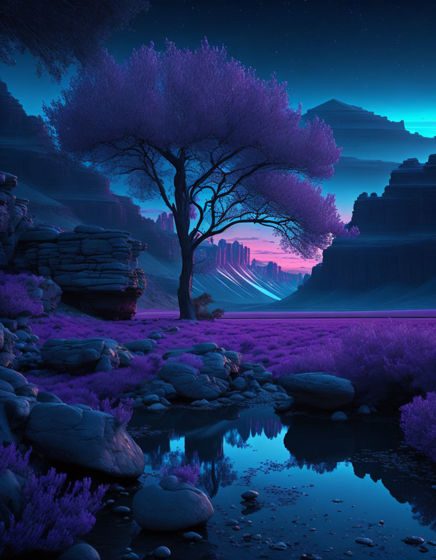 Surreal violet twilight landscape with lone tree, water reflection, rock formations, starry sky