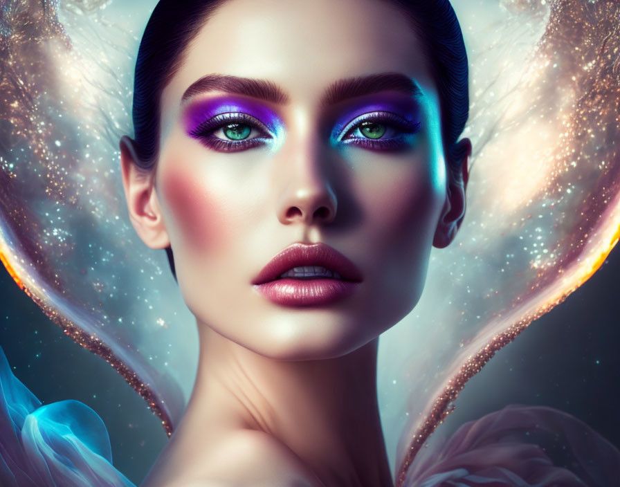 Vibrant purple and blue eye makeup on a woman with celestial-inspired elements