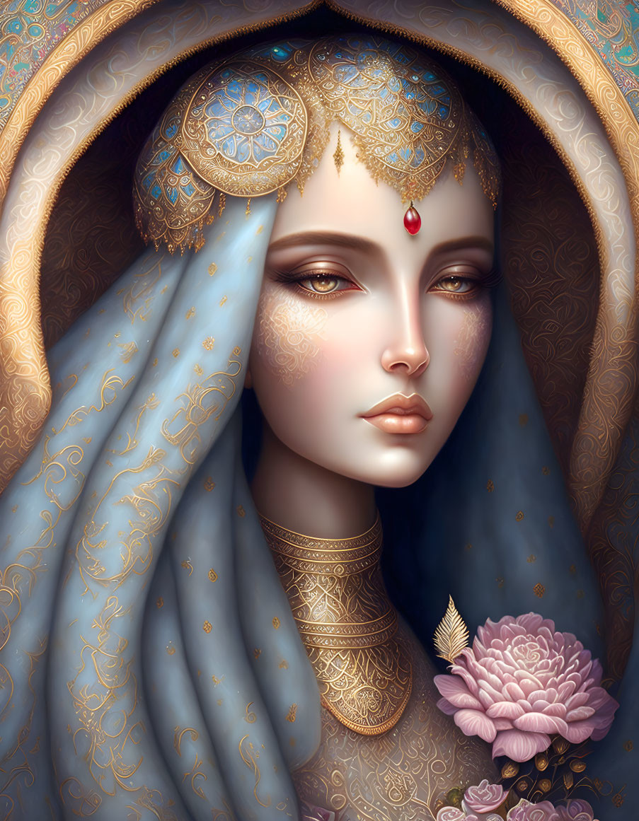 Illustrated serene woman with blue and gold veil and pink flower