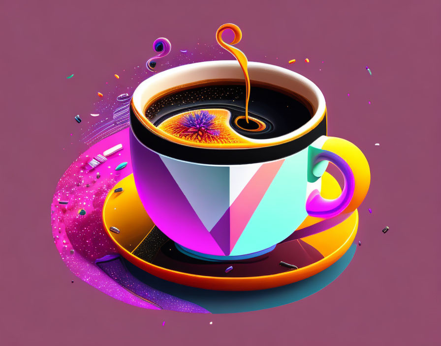 Colorful surreal digital coffee cup art on purple background