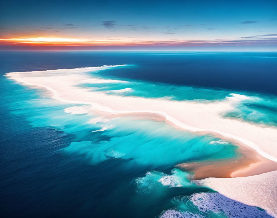 Tranquil beach scene with clear blue waters and sunset horizon