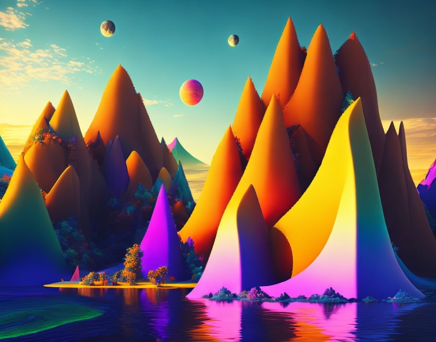 Colorful Stylized Mountains Reflecting in Water Under Multiple Moons