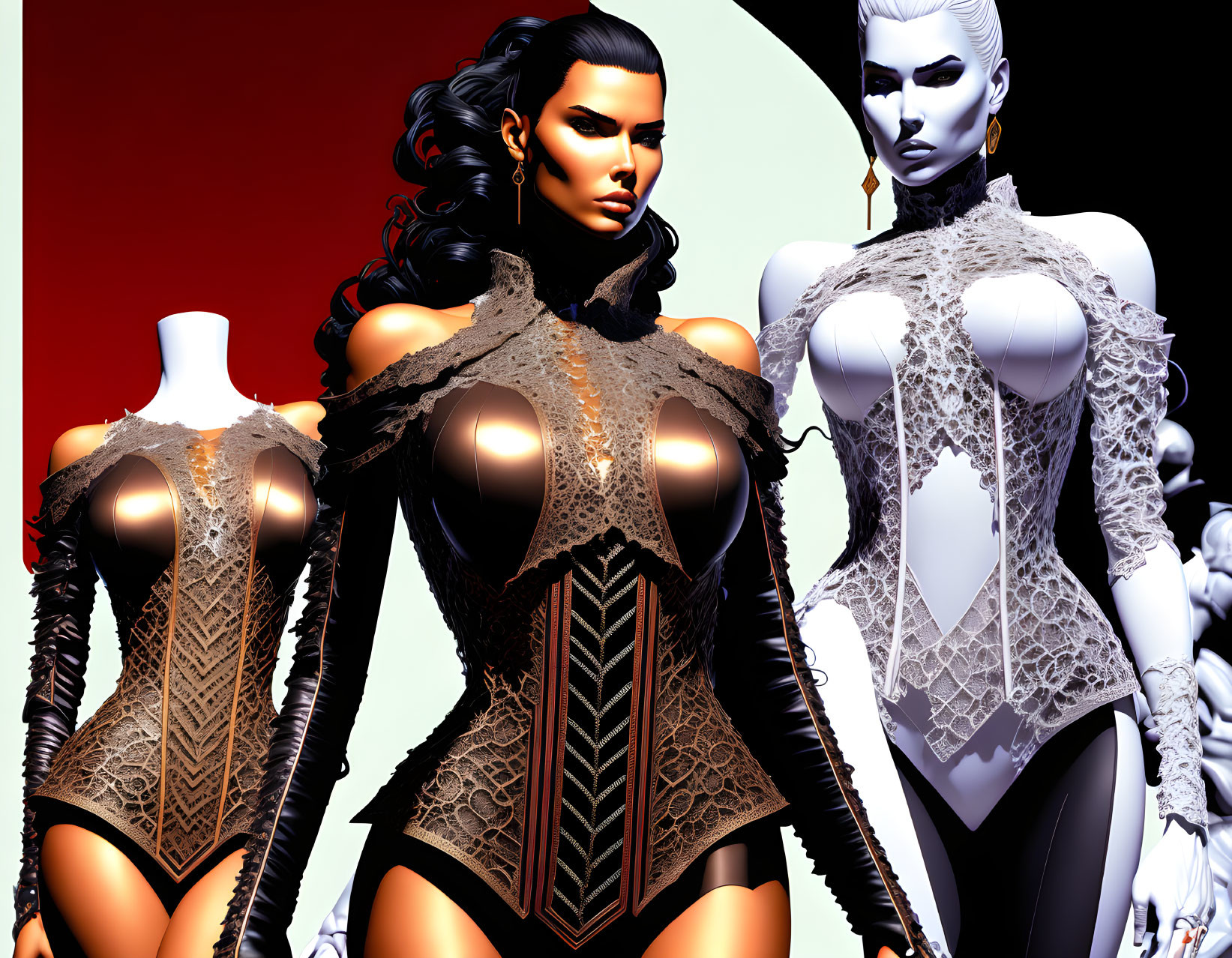 Stylized female figures with detailed bodices on gradient background