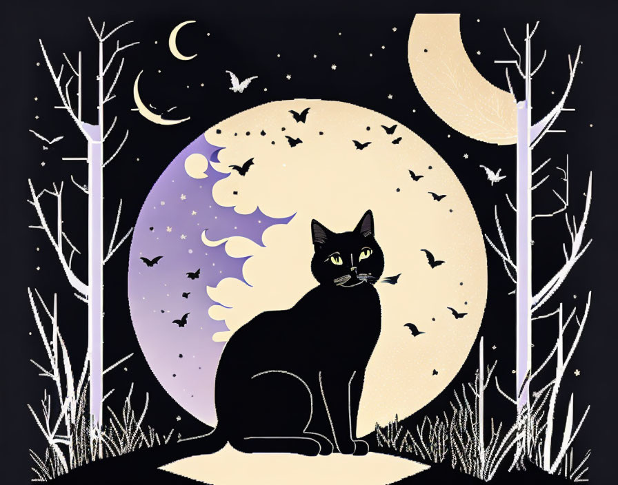 Black Cat in Night Scene with Full Moon, Trees, and Bats