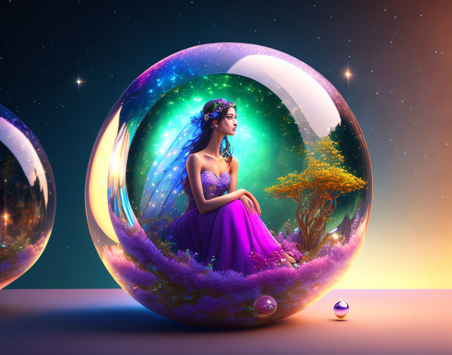 Surreal image: Woman in purple dress in cosmic bubble with tree