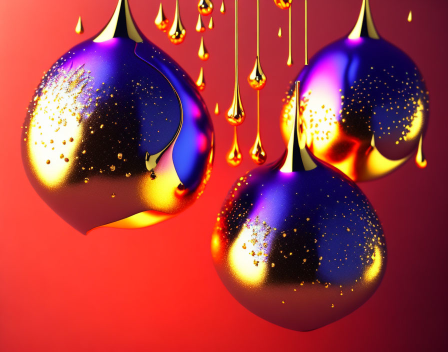 Shiny Blue and Gold Christmas Baubles on Red Background