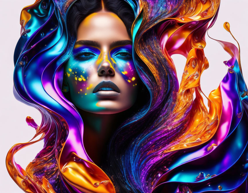 Colorful digital artwork: Woman with flowing hair and galaxy-inspired makeup