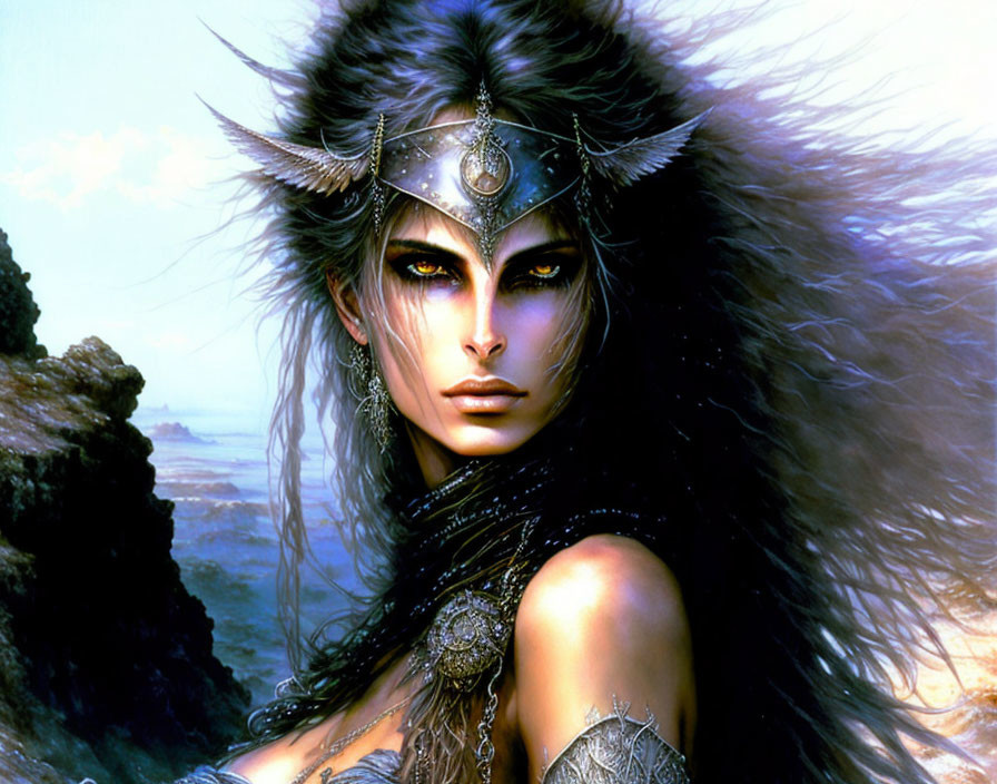 Fantasy artwork: Woman with silver headdress and windswept hair by the coast