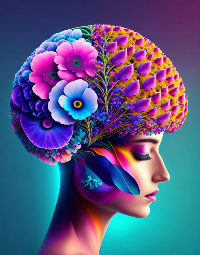 Vibrant floral brain artwork depicting woman's profile