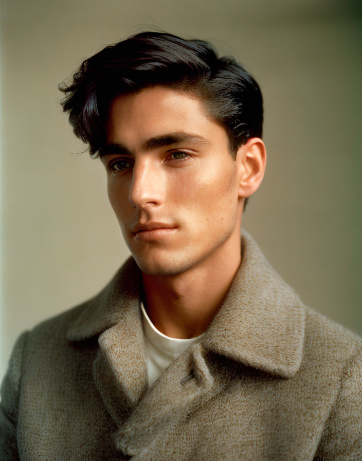 Portrait of young man with dark hair and piercing eyes in beige coat