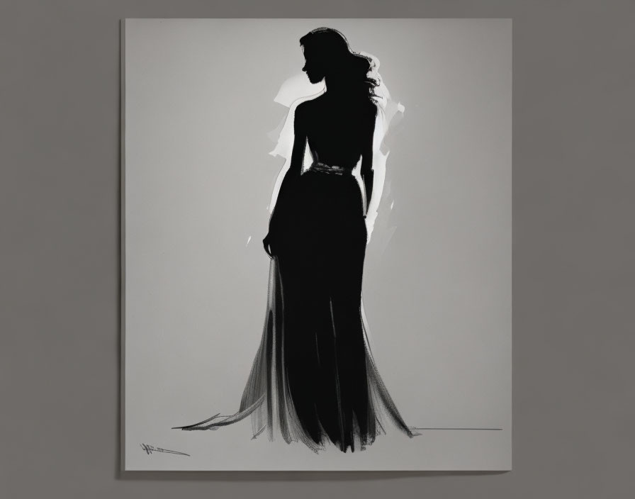 Profile of woman in elegant dress: black and white silhouette with shadowing