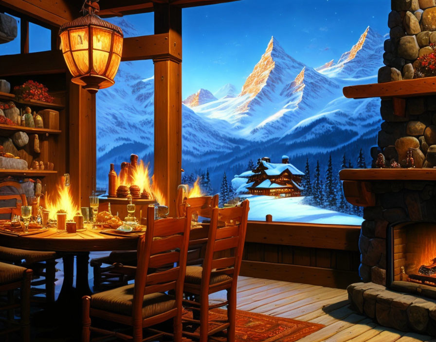 Mountain cabin interior with fireplace, set table, lantern, snowy landscape, starry night sky