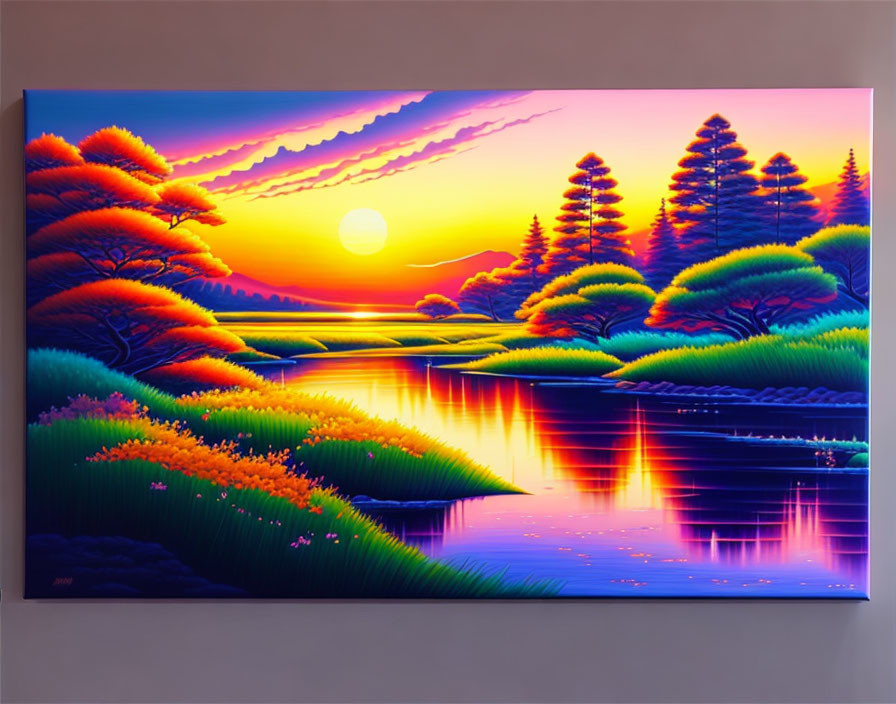 Colorful sunset painting over tranquil river and lush foliage