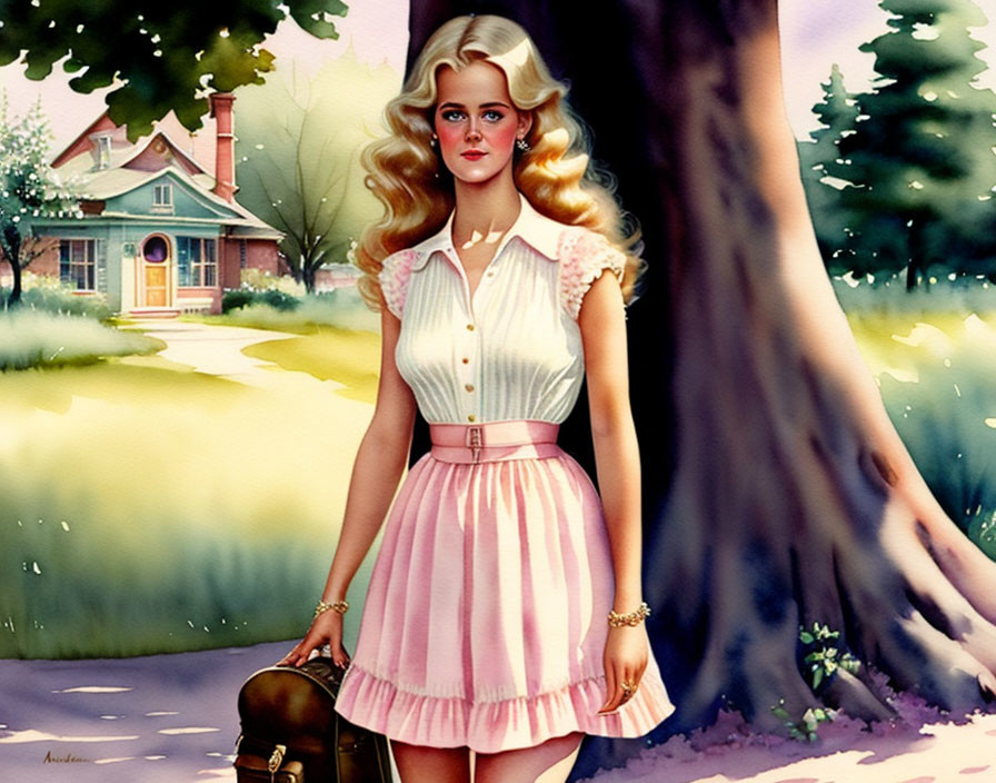 Digital painting of woman in vintage attire with handbag, quaint house and trees.