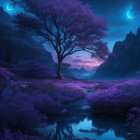 Surreal violet twilight landscape with lone tree, water reflection, rock formations, starry sky