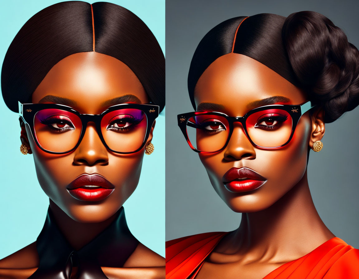 Stylized portraits of woman with bold makeup and trendy glasses on teal background