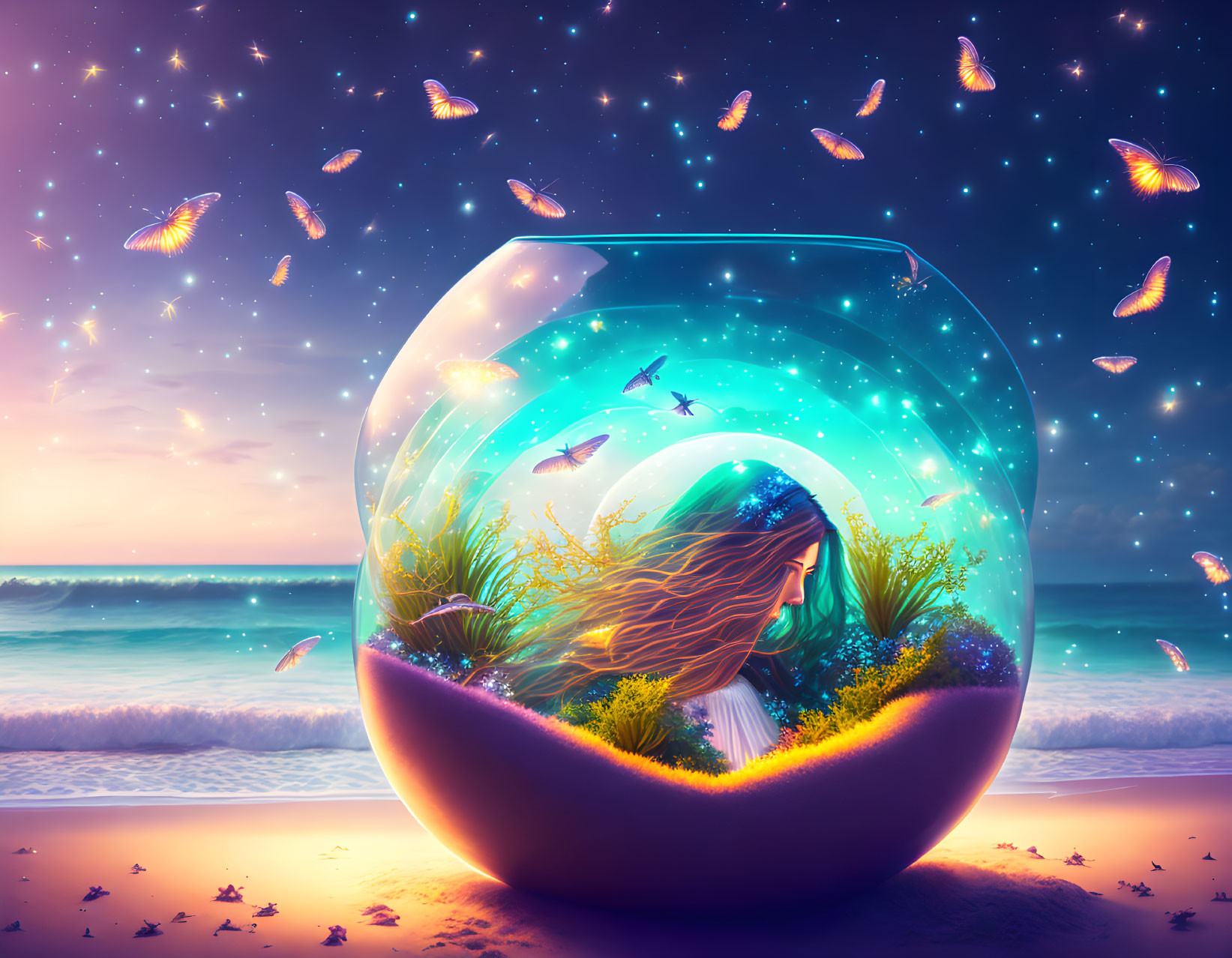 Surreal illustration: woman in fishbowl with marine scene, beach, starry sky,