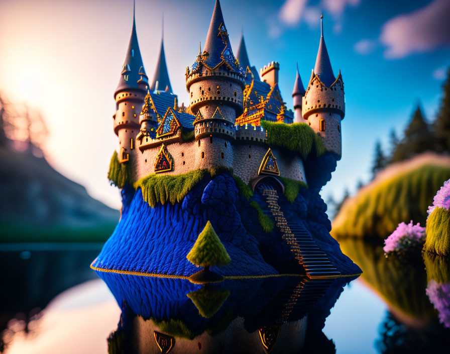 Miniature castle with blue rooftops on mossy outcrop by water at sunset