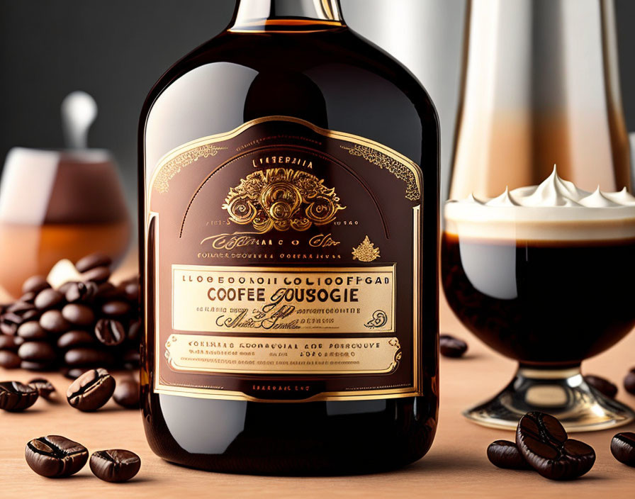 Coffee Liqueur Bottle with Decorative Label and Coffee Beans Surrounding it