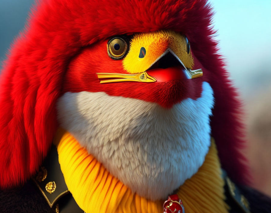 Colorful anthropomorphic bird character in ornate uniform with red and yellow feathers