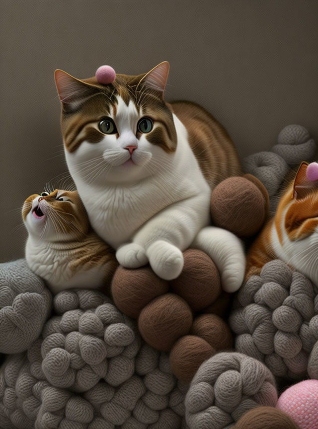 Realistic Illustration: Cats lounging on grey yarn balls, one yawning