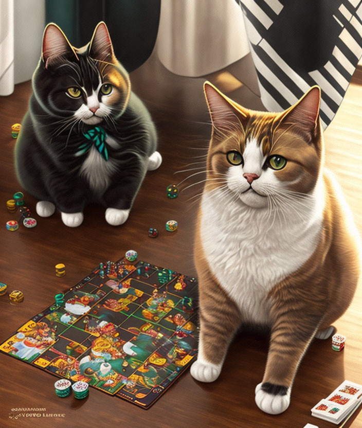 Two Cats Next to Board Game with Dice and Game Pieces Scattered