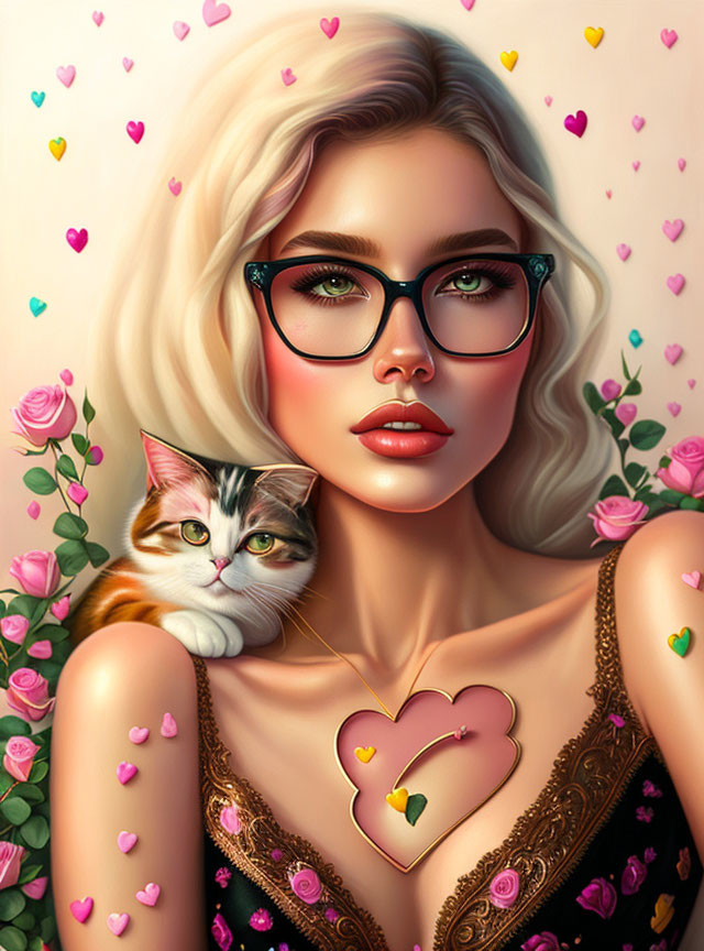 Blonde woman with glasses holding a cat surrounded by hearts and roses