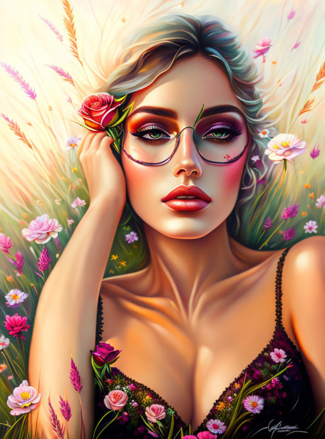 Woman with Stylish Glasses Surrounded by Flowers in Vibrant Colors