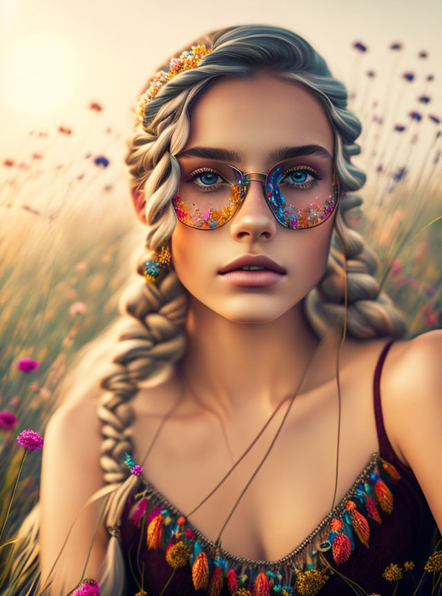 Young woman with braided hair and sunglasses in field of wildflowers