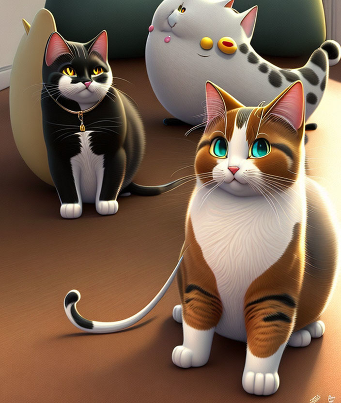 Stylized cartoon cats with exaggerated features in a room