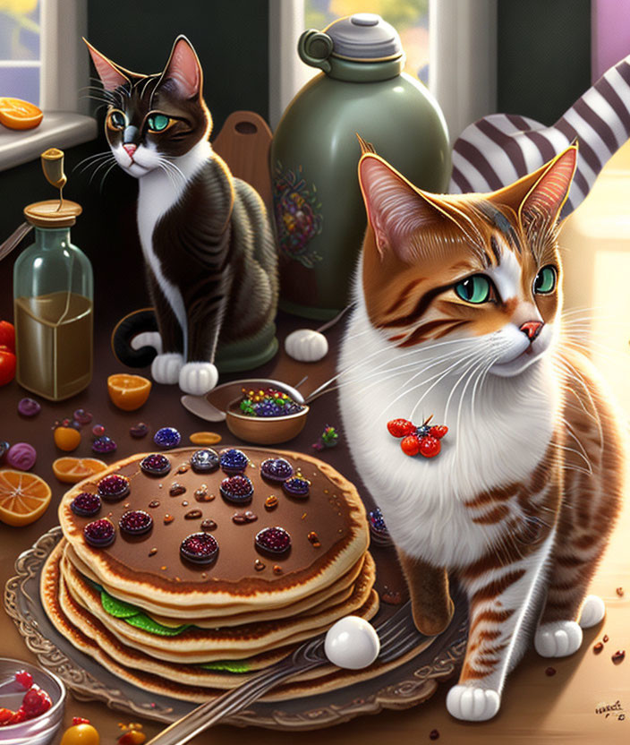 Two cats with pancakes and fruits on a sunlit table