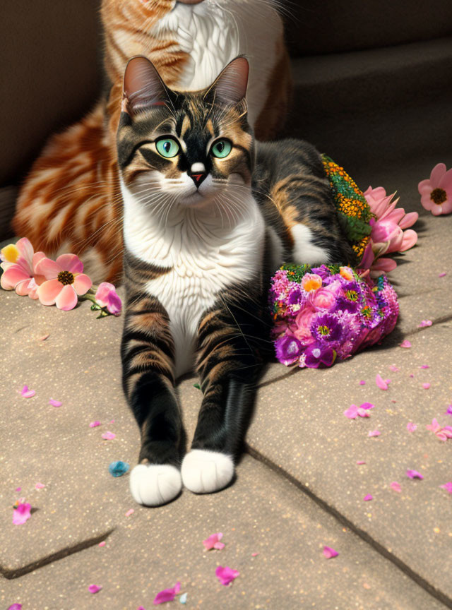 Calico Cat Surrounded by Pink Petals and Flowers