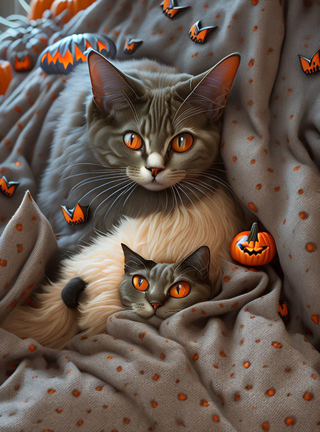 Two Cats Cuddled in Halloween Blanket with Pumpkins