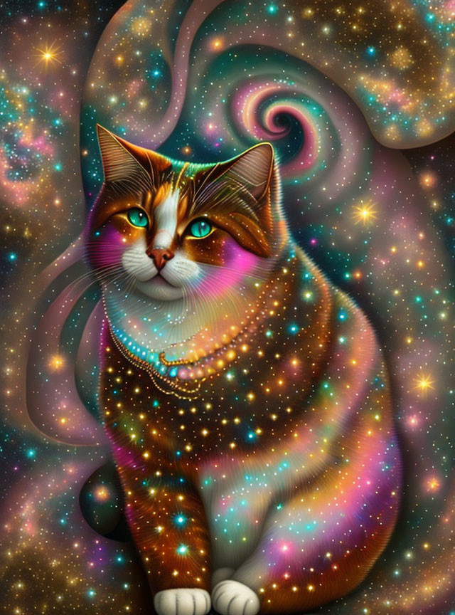 Colorful cat digital art with cosmic patterns and galaxy backdrop