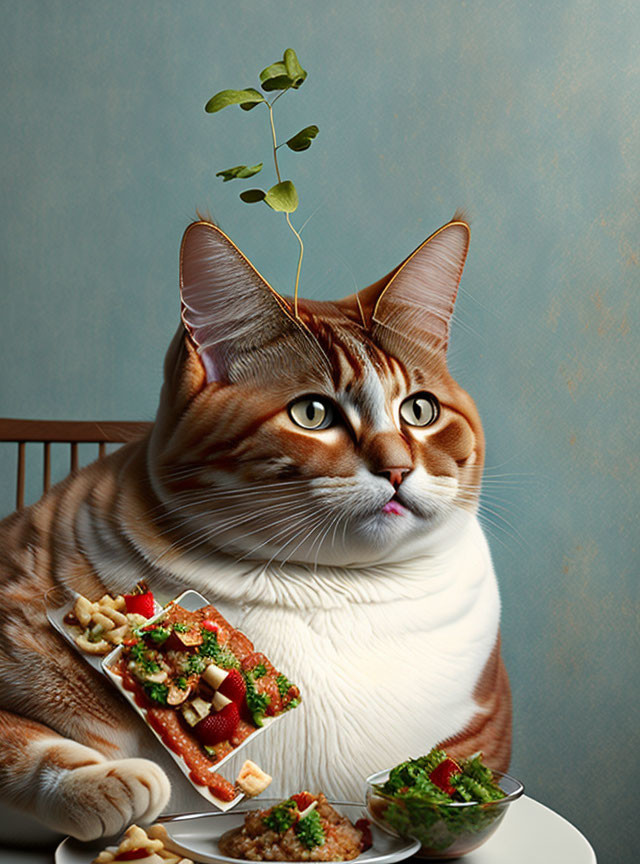 Cat with human-like body holding a sandwich on a sprout-topped plate