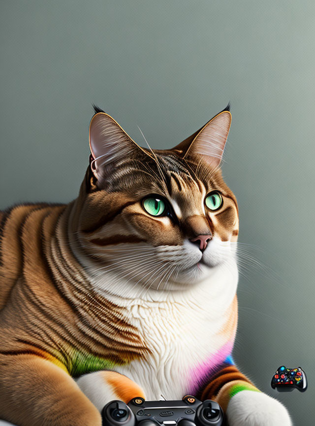 Tabby cat with green eyes in rainbow scarf and game controller on gray background