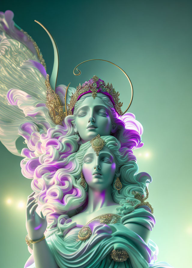 Surreal digital artwork: Two serene female figures with ornate crowns and flowing hair on soft