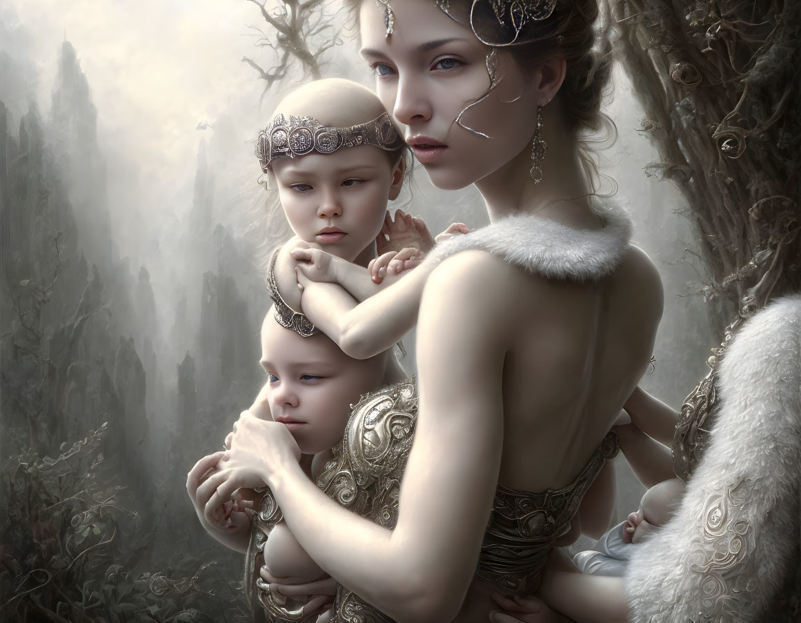 Woman in ornate attire holding two children in misty forest setting