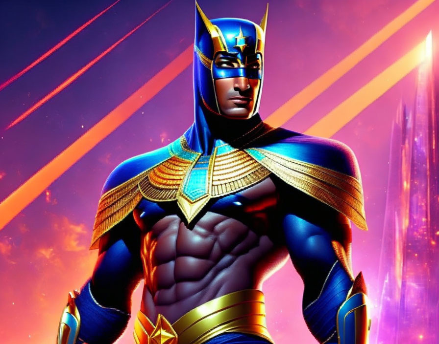 Blue and Gold Superhero with Helmet in Vibrant Pink and Purple Sky