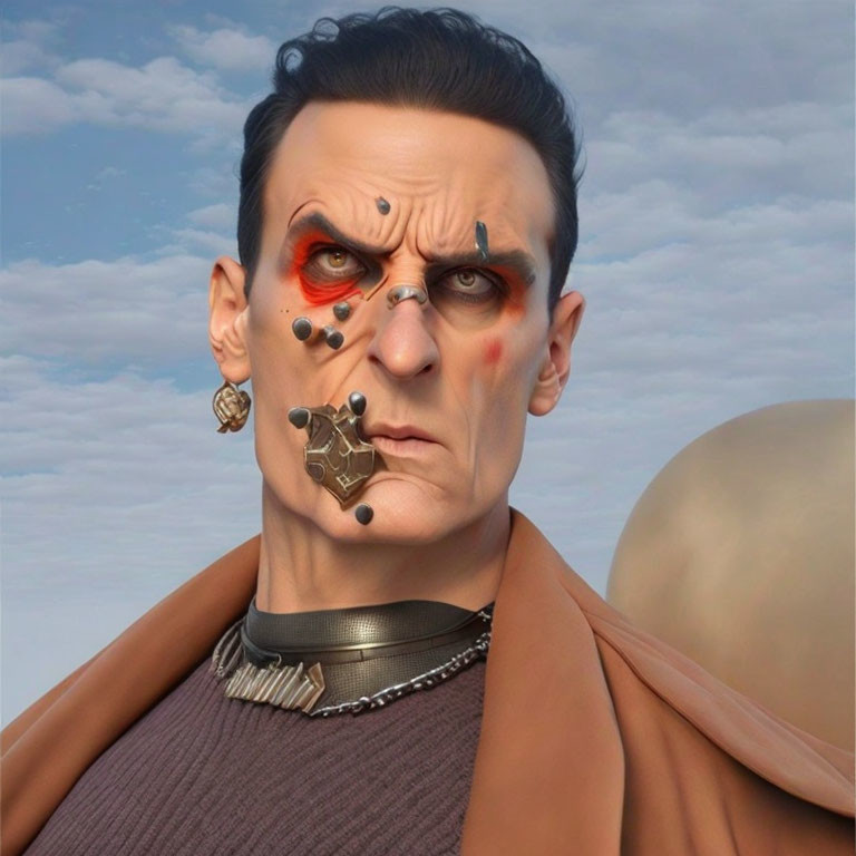 Man with Cybernetic Eye and Metallic Face Implants in 3D Render