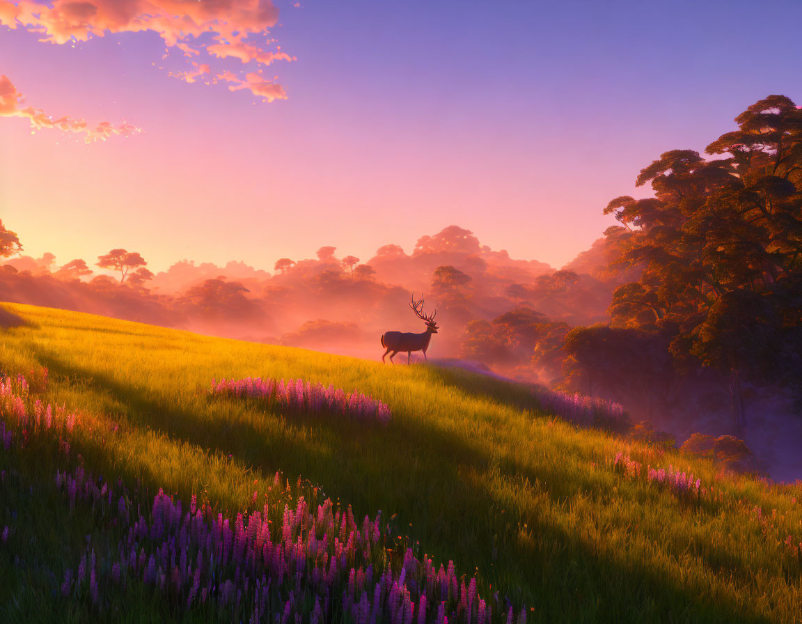 Majestic deer in purple and yellow meadow at sunrise