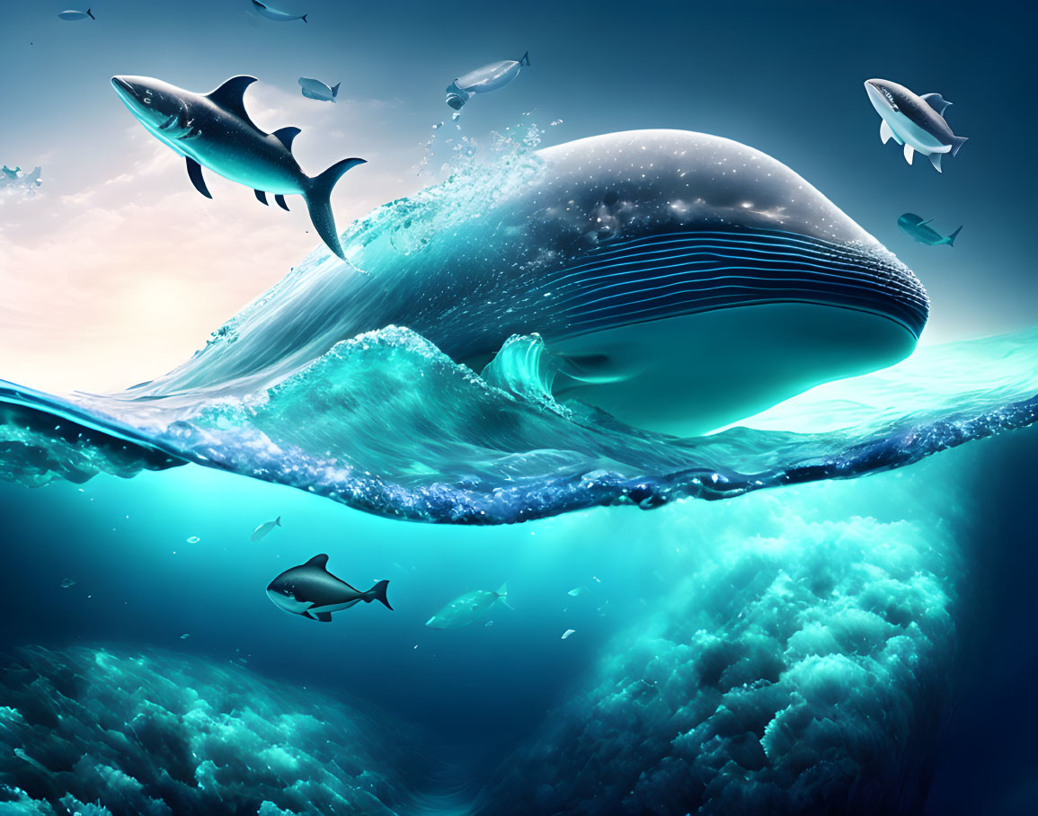 Giant whale and fish in surreal underwater scene