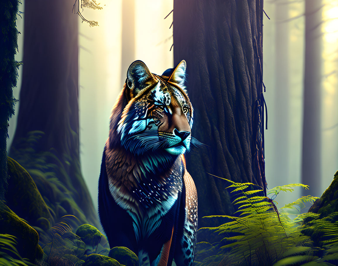 Digitally illustrated tiger with vibrant blue stripes in sunlit forest