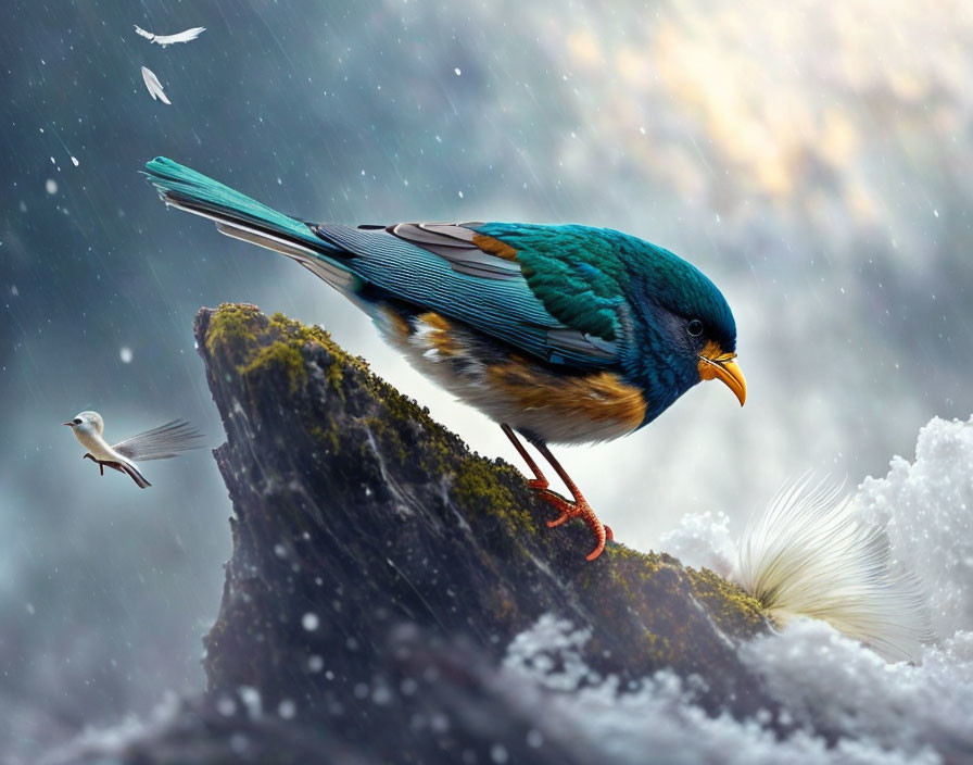 Colorful bird on snowy branch with flying bird and snowflakes