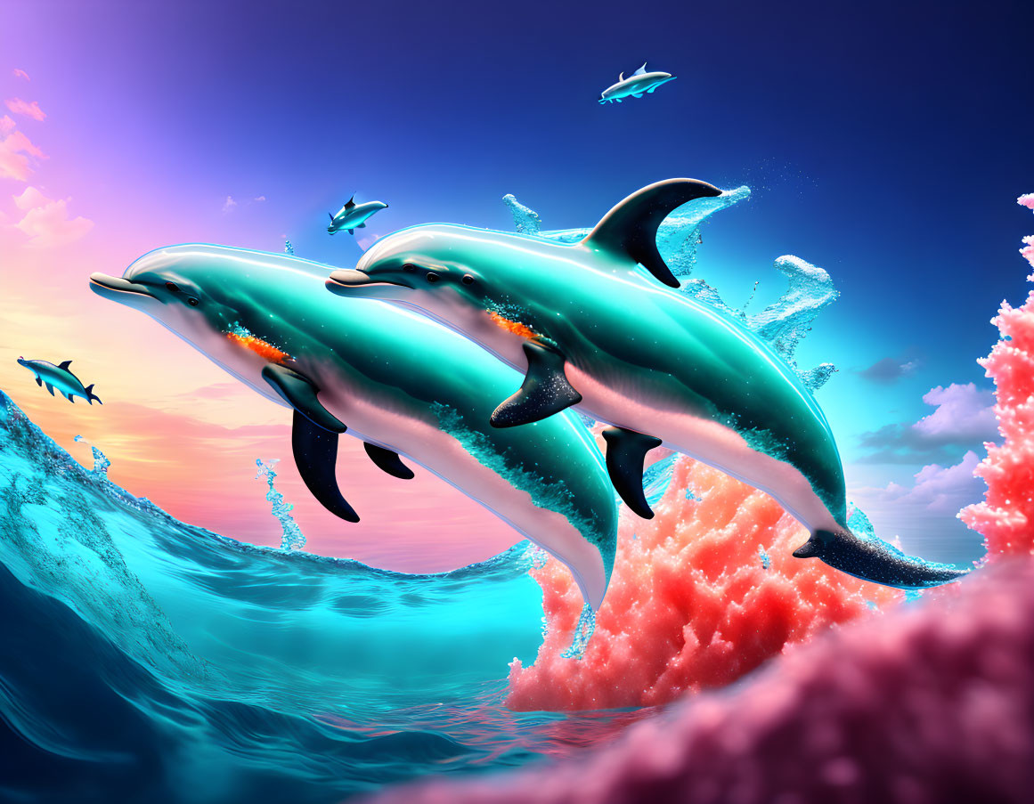 Dolphins leaping over wave under pink & blue sunset.