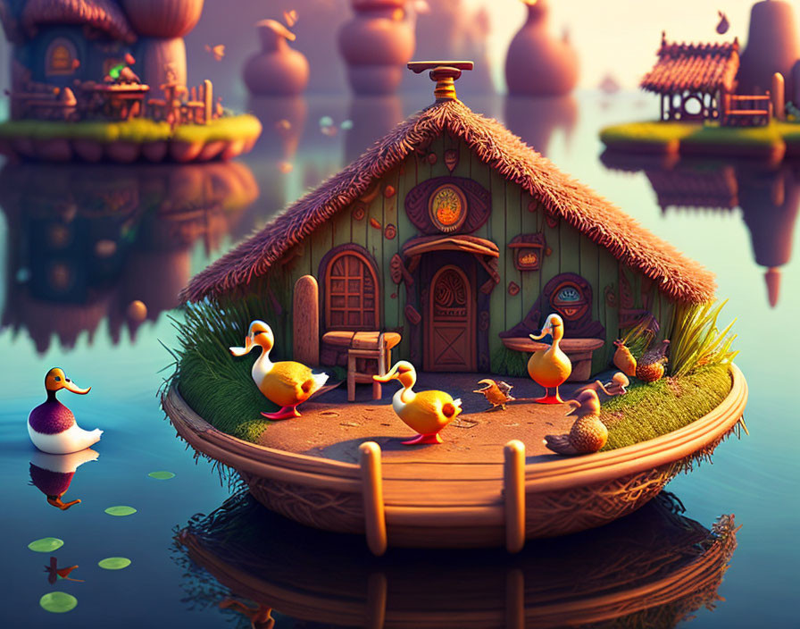 Whimsical duck illustration near fairy-tale house on boat