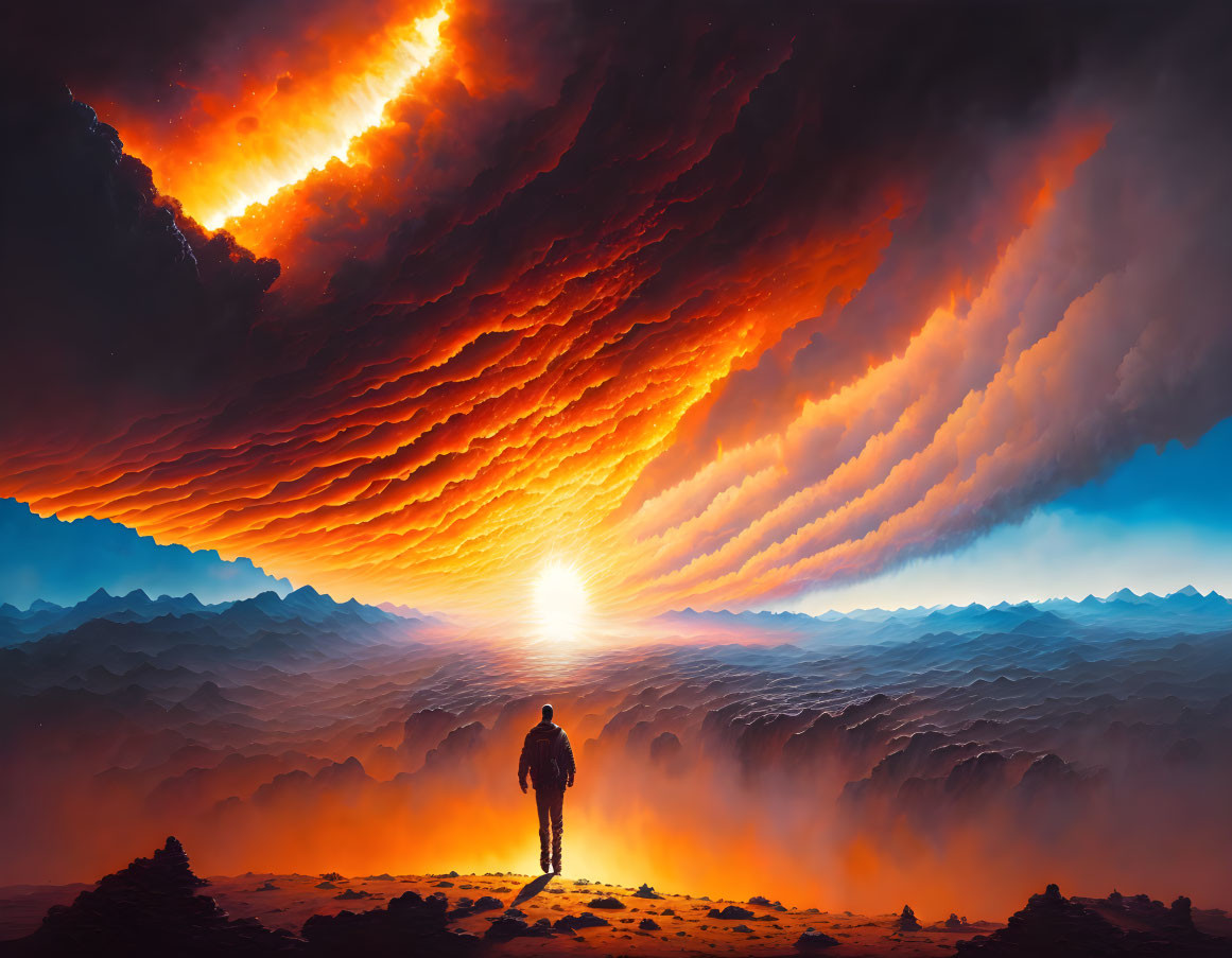 Person admiring fiery sky over rugged landscape