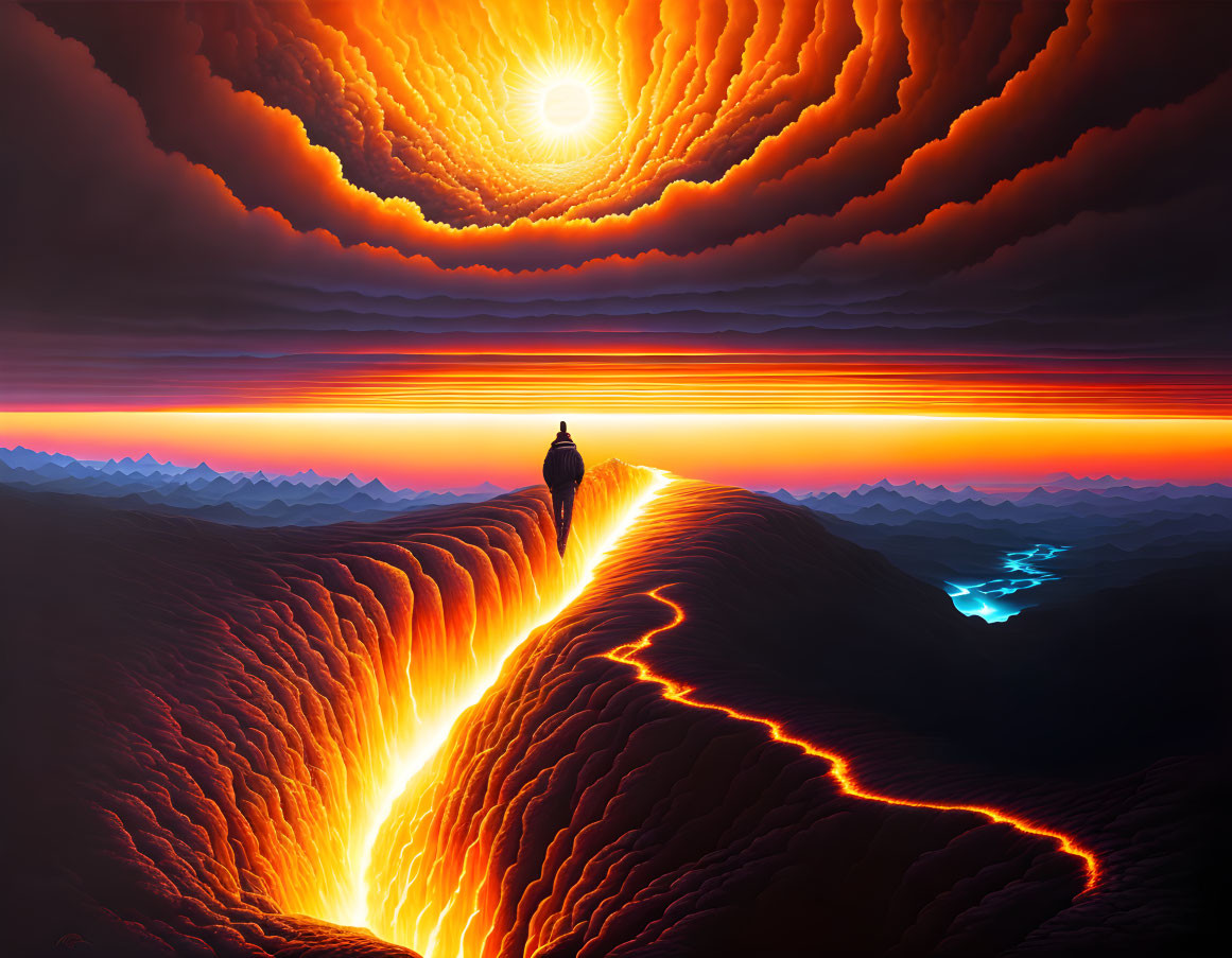 Person on fiery ridge gazes at surreal mountain landscape