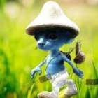 Blue animated cat character in pointed hat amidst vibrant green grass with flowers.